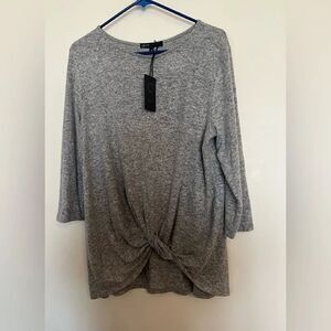 Gibson Gray Tie Front Long Sleeve Blouse